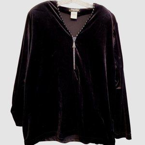 Vintage Gepetto Velour Pullover Black Rhinestone Zipper Women XL Shoulder Pads